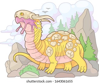cartoon scary carnivorous dragon went hunting, funny illustration