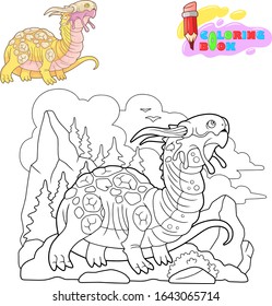 cartoon scary carnivorous dragon went hunting, funny illustration