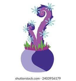 Cartoon scary carnivorous plant on white background. Vector Colorful Fantasy flora with predators and Flowers. Hand drawn Flat style illustration of Botanical design element in Flower pot.