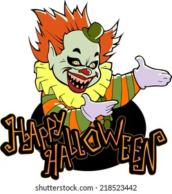 cartoon scary clown and Halloween title isolated 