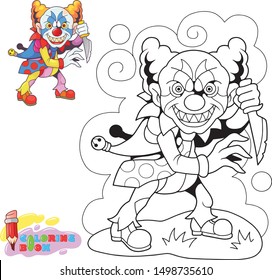 cartoon scary clown monster with knife, funny illustration