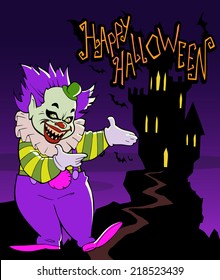 cartoon scary clown on the background of the castle