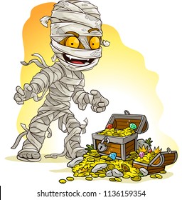 Cartoon scary egyptian mummy character with yellow eyes and treasure chest with diamonds, gold coins and gems. On yellow background.