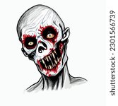Cartoon scary fantasy zombie portrait drawing, vector EPS 10 illustration