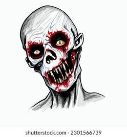 Cartoon scary fantasy zombie portrait drawing, vector EPS 10 illustration