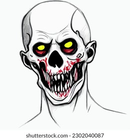 Cartoon scary fantasy zombie portrait drawing, vector EPS 10 illustration