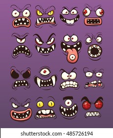 Cartoon scary and funny monster faces. Vector clip art illustration with simple gradients. Each on a separate layer. 