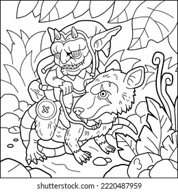 Cartoon Scary Goblin Riding A Rat, Coloring Page, Outline Illustration