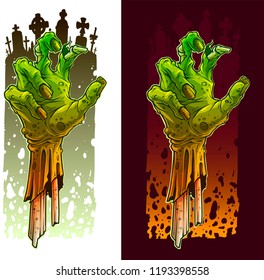 Cartoon scary green zombie monster hands. On cemetery background. Halloween vector icon set.