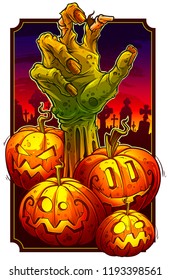 Cartoon scary green zombie monster hand and funny halloween angry pumpkins with fire light inside. On cemetery background. Vector icon.