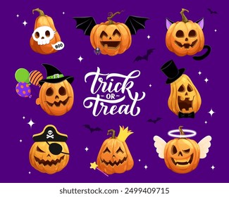 Cartoon scary halloween pumpkin characters. Halloween holiday pumpkin carving, isolated vector scary Jack o lanterns. Spooky carvings with pirate and witch hat, skull mask, cat ears, bat wings