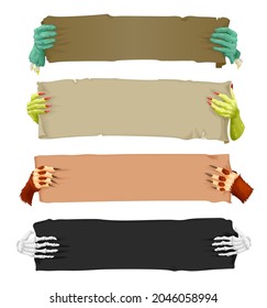 Cartoon Scary Hands With Banners And Scrolls, Vampire, Werewolf, Skeleton And Halloween Zombie, Vector. Creepy Monsters And Dead Arms With Horror Signs Or Party Posters, Blood On Nail Claws Of Ogres