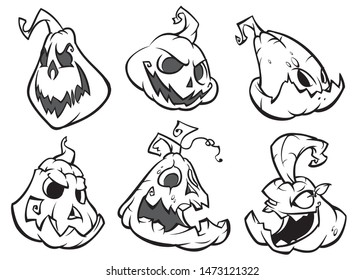 Cartoon scary Jack O' Lantern pumpkins set outlined. Halloween illustration.