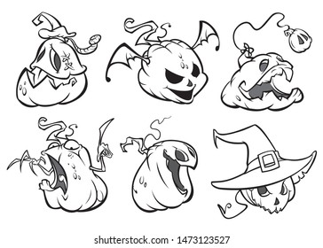 Cartoon scary Jack O' Lantern pumpkins set outlined. Halloween illustration.