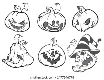 Cartoon scary Jack O' Lantern pumpkins set outlined. Halloween illustration.