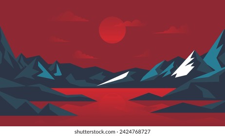 Cartoon scary landscape in red and dark blue tones with a lake on the background of mountains