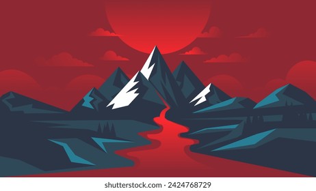 Cartoon scary landscape in red and dark blue tones with a river on the background of mountains