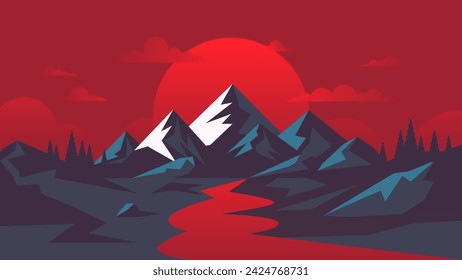 Cartoon scary landscape in red and dark blue tones with a river on the background of mountains