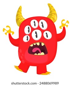 Cartoon scary monster alien with  many eyes and funny face expression.  Vector illustration isolated on white. Character For Halloween party or package design