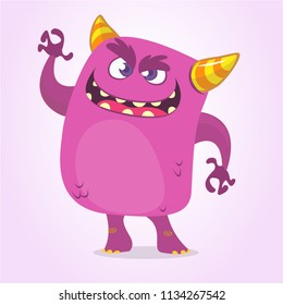 Cartoon Scary Monster With Big Mouth waving. Vector purple monster character illustration. Halloween design