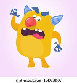 Cartoon Scary Monster With Big Mouth Laughing and waving. Vector yellow monster character illustration. Halloween design