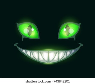 Cartoon scary monster face with green shiny eyes and big smile on black background. Vector illustration