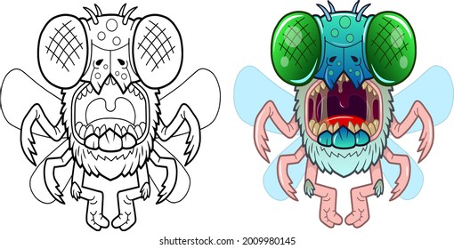 cartoon scary monster fly, coloring page, funny illustration