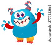 Cartoon scary monster with funny face expression waving hands . Vector illustration isolated on white. For Halloween party decoration of packege design