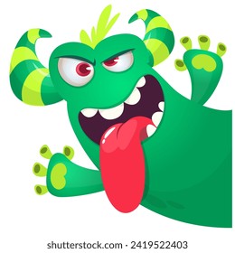 Cartoon scary monster with funny face expression waving hands . Vector illustration isolated on white. Halloween design