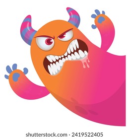 Cartoon scary monster with funny face expression waving hands . Vector illustration isolated on white. Halloween design