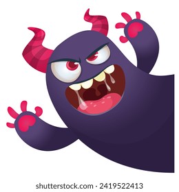 Cartoon scary monster with funny face expression waving hands . Vector illustration isolated on white. Halloween design