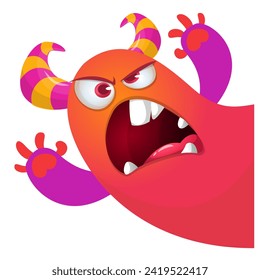 Cartoon scary monster with funny face expression waving hands . Vector illustration isolated on white. Halloween design