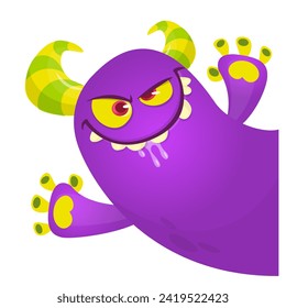 Cartoon scary monster with funny face expression waving hands . Vector illustration isolated on white. Halloween design