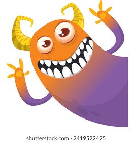 Cartoon scary monster with funny face expression waving hands . Vector illustration isolated on white. Halloween design