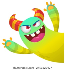 Cartoon scary monster with funny face expression waving hands . Vector illustration isolated on white. Halloween design