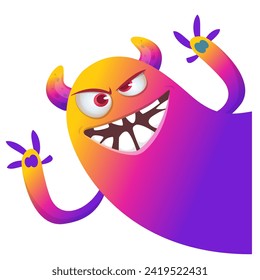 Cartoon scary monster with funny face expression waving hands . Vector illustration isolated on white. Halloween design