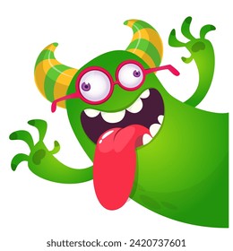 Cartoon scary monster with funny face expression waving hands . Vector illustration isolated on white. Halloween design