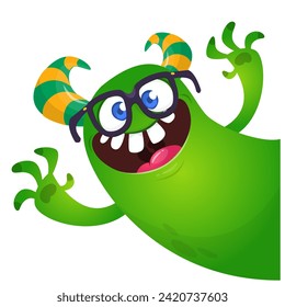 Cartoon scary monster with funny face expression waving hands . Vector illustration isolated on white. Halloween design