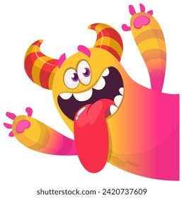 Cartoon scary monster with funny face expression waving hands . Vector illustration isolated on white. Halloween design