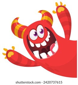 Cartoon scary monster with funny face expression waving hands . Vector illustration isolated on white. Halloween design