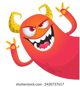 Cartoon scary monster with funny face expression waving hands . Vector illustration isolated on white. Halloween design