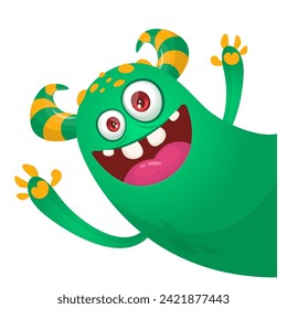 Cartoon scary monster with funny face expression waving hands . Vector illustration isolated on white. Halloween design