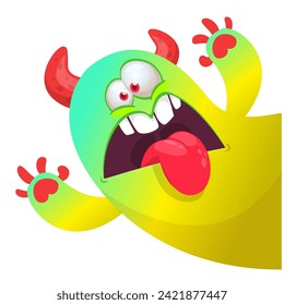 Cartoon scary monster with funny face expression waving hands . Vector illustration isolated on white. Halloween design