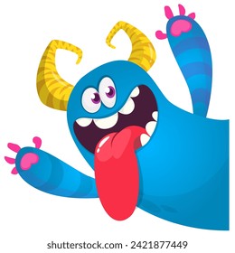 Cartoon scary monster with funny face expression waving hands . Vector illustration isolated on white. Halloween design