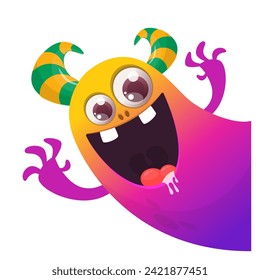 Cartoon scary monster with funny face expression waving hands . Vector illustration isolated on white. Halloween design