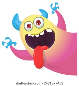 Cartoon scary monster with funny face expression waving hands . Vector illustration isolated on white. Halloween design