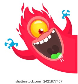 Cartoon scary monster with funny face expression waving hands . Vector illustration isolated on white. Halloween design