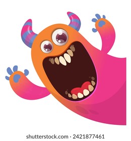 Cartoon scary monster with funny face expression waving hands . Vector illustration isolated on white. Halloween design