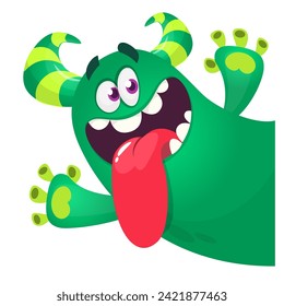 Cartoon scary monster with funny face expression waving hands . Vector illustration isolated on white. Halloween design