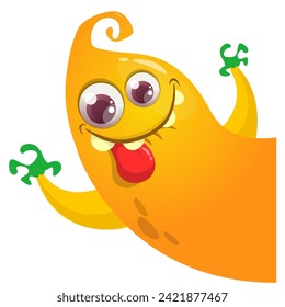 Cartoon scary monster with funny face expression waving hands . Vector illustration isolated on white. Halloween design